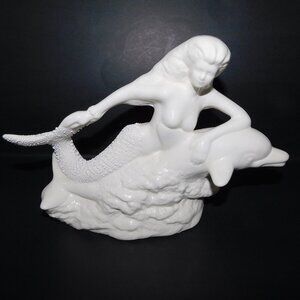 White Glazed Ceramic Mermaid Riding Dolphin Figurine Statue Home Decor